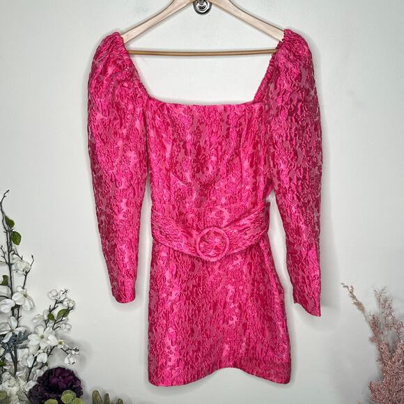 & OTHER STORIES Jacquard Puff Sleeve Belted Mini Dress Pink Sz 6 {D53} - Picture 5 of 8